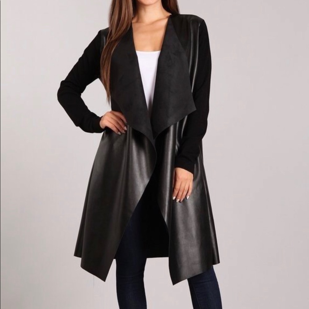 Faux leather long cardigan